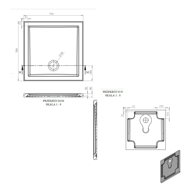 Signature Boundary Square Stone Resin Shower Tray 700mm x 700mm (inc Waste)  | Dimension Image