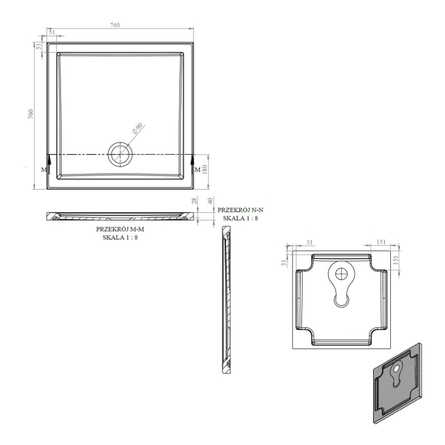 Signature Boundary Square Stone Resin Shower Tray 760mm x 760mm (inc Waste)  | Dimension Image
