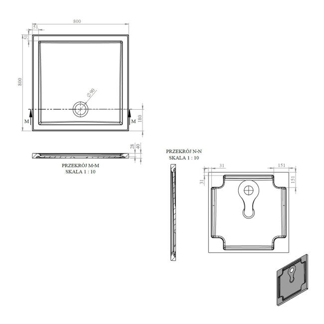 Signature Boundary Square Stone Resin Shower Tray 800mm x 800mm (inc Waste)  | Dimension Image