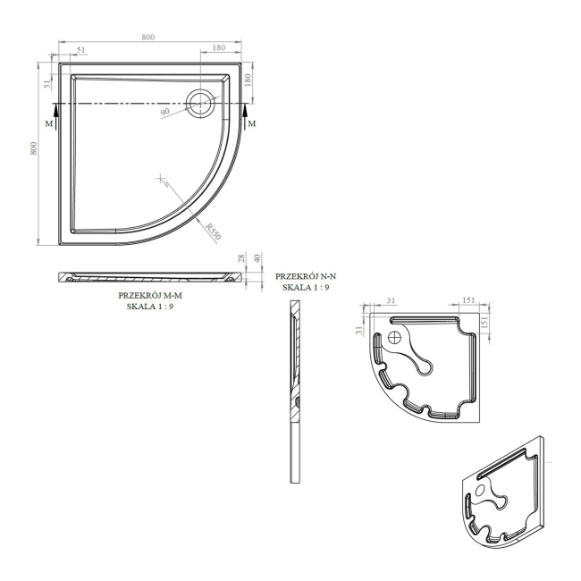 Signature Boundary Quadrant Stone Resin Shower Tray 800mm x 800mm (inc Waste)  | Dimension Image