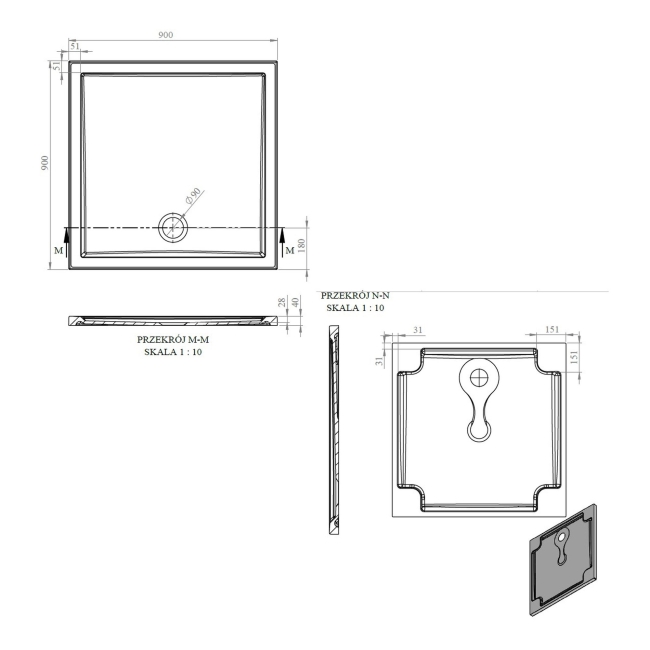Signature Boundary Square Stone Resin Shower Tray 900mm x 900mm (inc Waste)  | Dimension Image