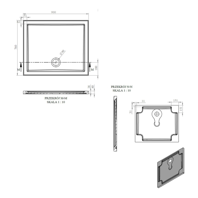 Signature Boundary Rectangular Stone Resin Shower Tray 900mm x 760mm (inc Waste)  | Dimension Image