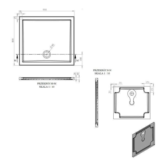 Signature Boundary Rectangular Stone Resin Shower Tray 900mm x 800mm (inc Waste)  | Dimension Image