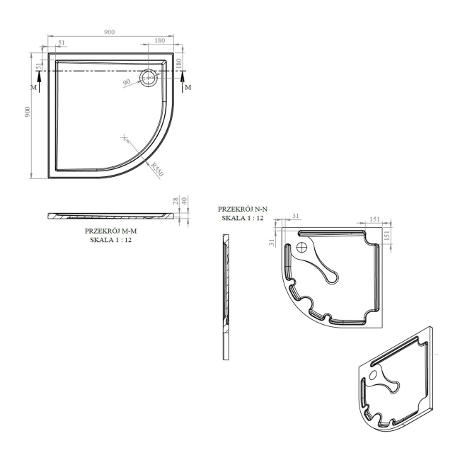 Signature Boundary Quadrant Stone Resin Shower Tray 900mm x 900mm (inc Waste)  | Dimension Image