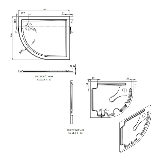 Signature Boundary Offset Quadrant Stone Resin Shower Tray 900mm x 760mm Left Handed (inc Waste)  | Dimension Image