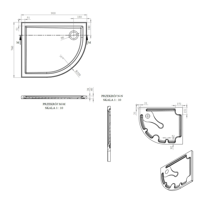 Signature Boundary Offset Quadrant Stone Resin Shower Tray 900mm x 760mm Right Handed (inc Waste)  | Dimension Image