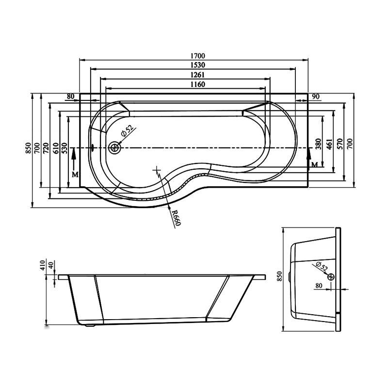 Signature Coast P-Shaped Shower Bath with Front Panel and Screen 1700mm x 700mm/850mm Left Handed  | Dimension Image