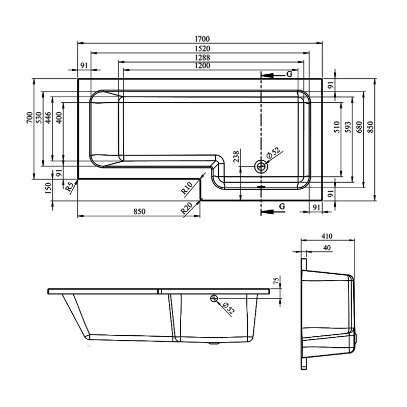Signature Breeze L-Shaped Shower Bath with Front Panel and Screen 1700mm x 700mm/850mm Right Handed