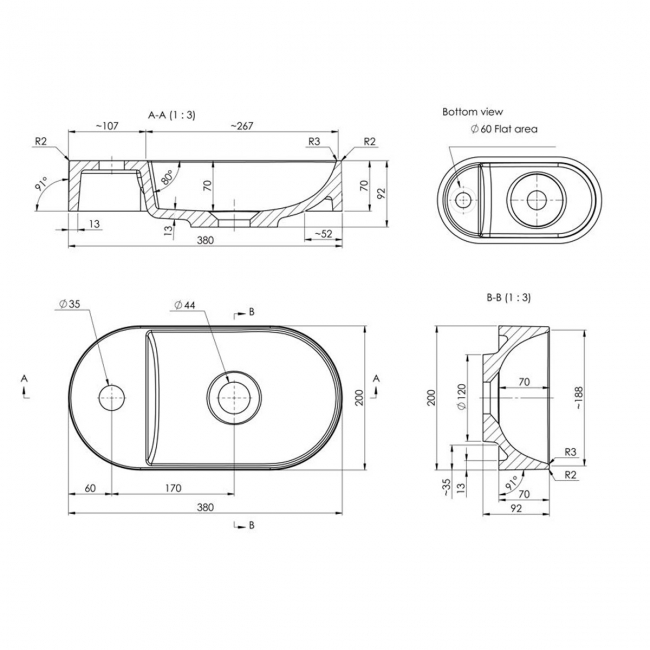 Signature Carmen Sit-On Countertop Basin 380mm Wide 1 Tap Hole - White