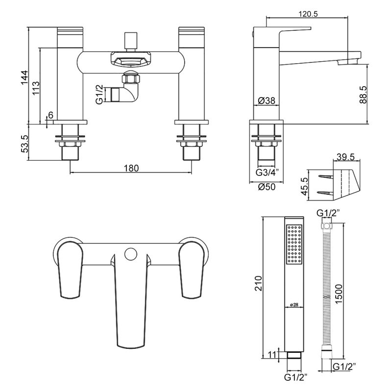 Signature Spectacle Bath Shower Mixer Tap with Shower Kit and Bracket - Chrome  | Dimension Image