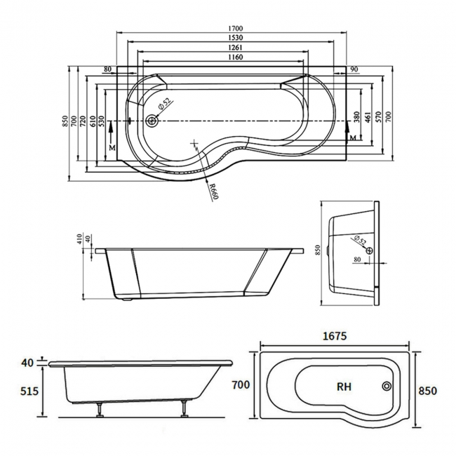 Signature Coast P-Shaped Shower Bath with Front Panel and Screen 1700mm x 700mm/850mm Left Handed  | Dimension Image