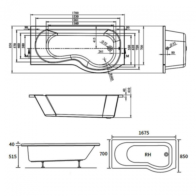 Signature Coast P-Shaped Shower Bath with Front Panel and Screen 1700mm x 700mm/850mm Right Handed  | Dimension Image