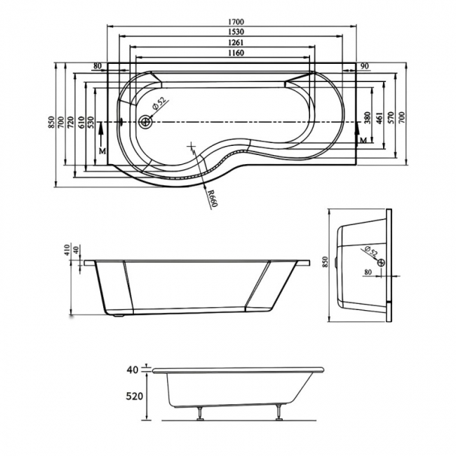 Signature Coast Supercast P-Shaped Shower Bath with Front Panel and Screen 1700mm x 700mm/850mm Left Handed
