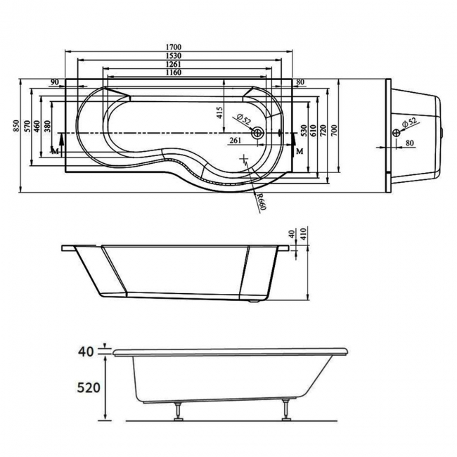 Signature Coast Supercast P-Shaped Shower Bath with Front Panel and Screen 1700mm x 700mm/850mm Right Handed