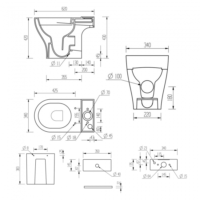 Signature Como Rimless Open Back Close Coupled Toilet with Push Button Cistern - Soft Close Seat