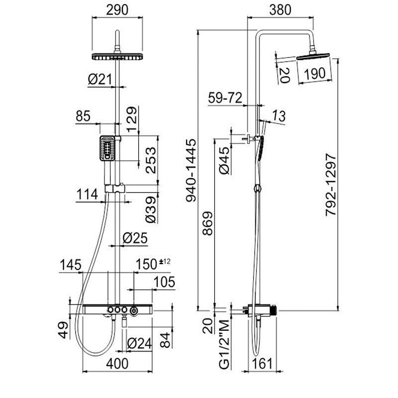 Vema Modern Exposed Shower DICM0462 3 Outlet Black