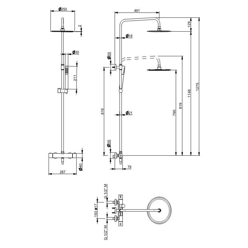 Vema Thermostatic Bar Mixer Shower with Shower Kit + Fixed Head - Matt Black  | Dimension Image
