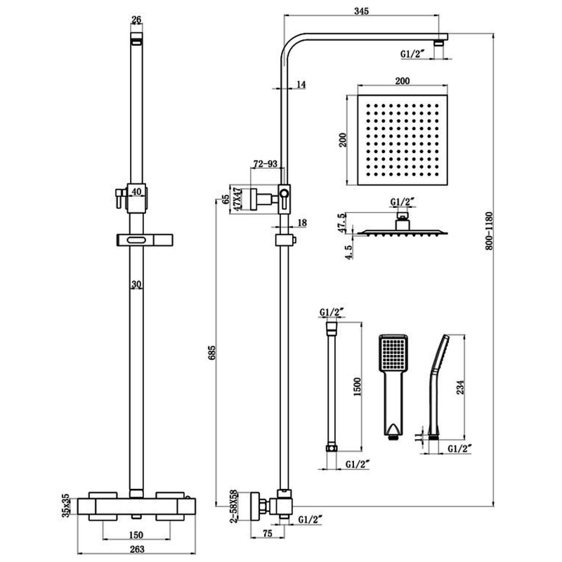 Signature Square Thermostatic Bar Mixer Shower with Shower Kit and Fixed Head - Matt Black