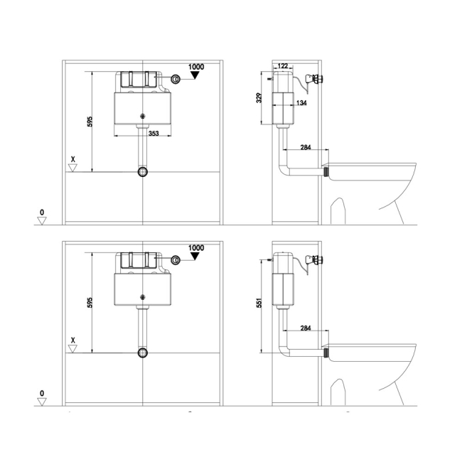 Signature Bottom Inlet Concealed Cistern with Chrome Push Button 320mm H x 336mm W  | Dimension Image