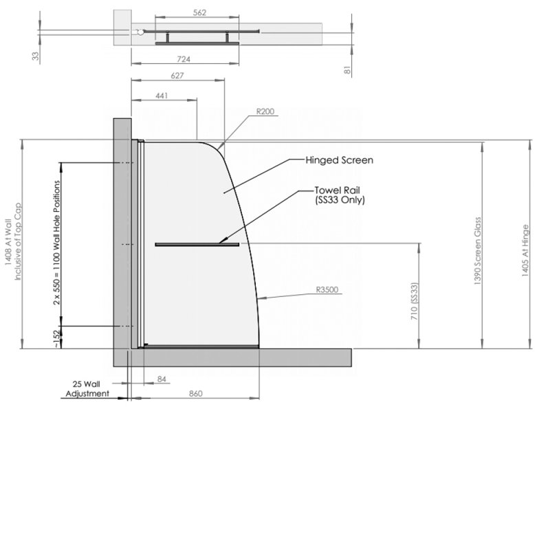 Signature Classic Single Panel Sculpted Hinged Bath Screen 1400mm H x 860mm W - 6mm Glass
