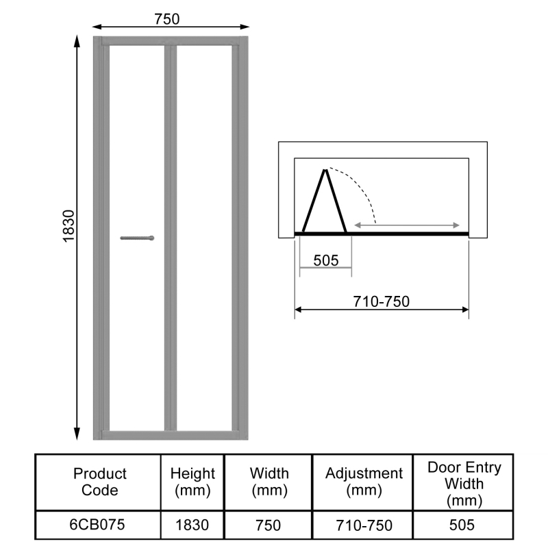 Signature Contract Bi-Fold Shower Door 750mm Wide - 6mm Glass