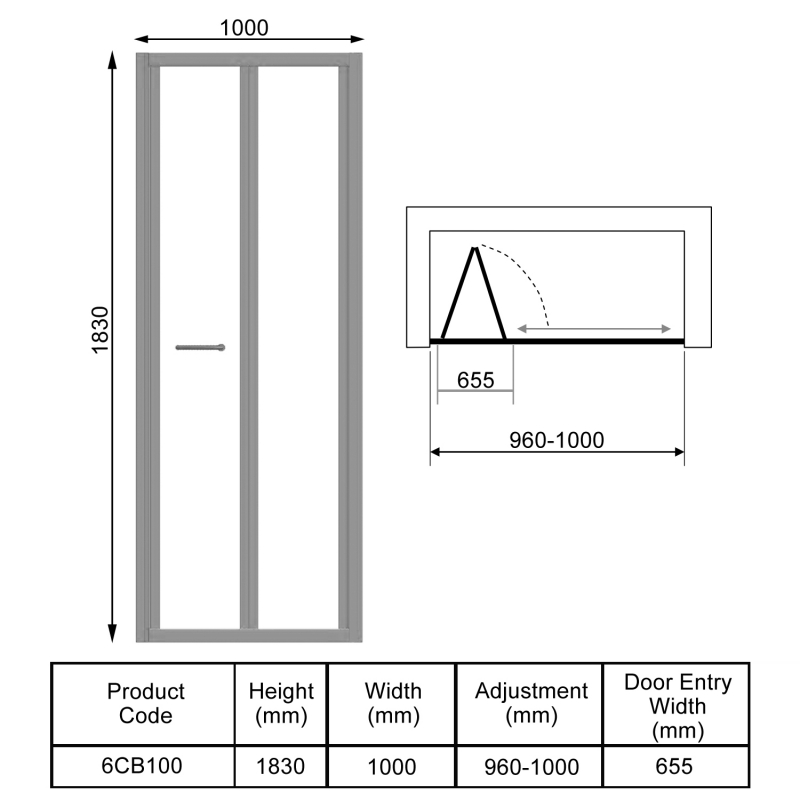 Signature Contract Bi-Fold Shower Door 1000mm Wide - 6mm Glass