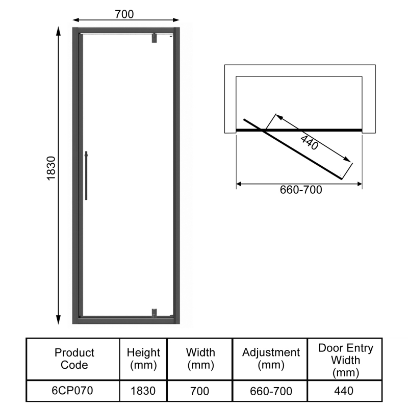 Signature Contract Pivot Shower 700mm Wide - 6mm Glass  | Dimension Image
