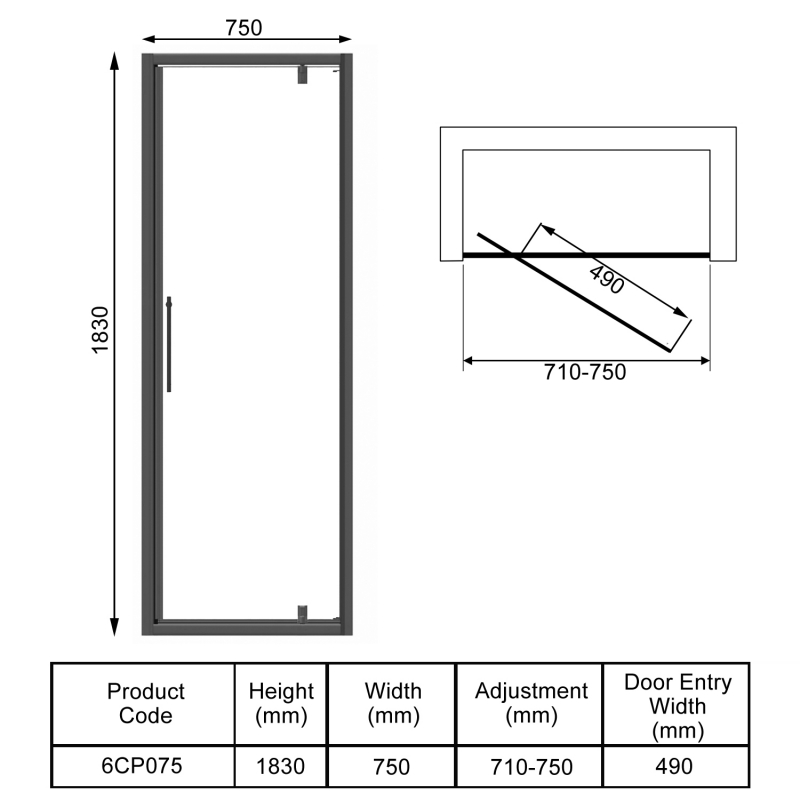 Signature Contract Pivot Shower 750mm Wide - 6mm Glass