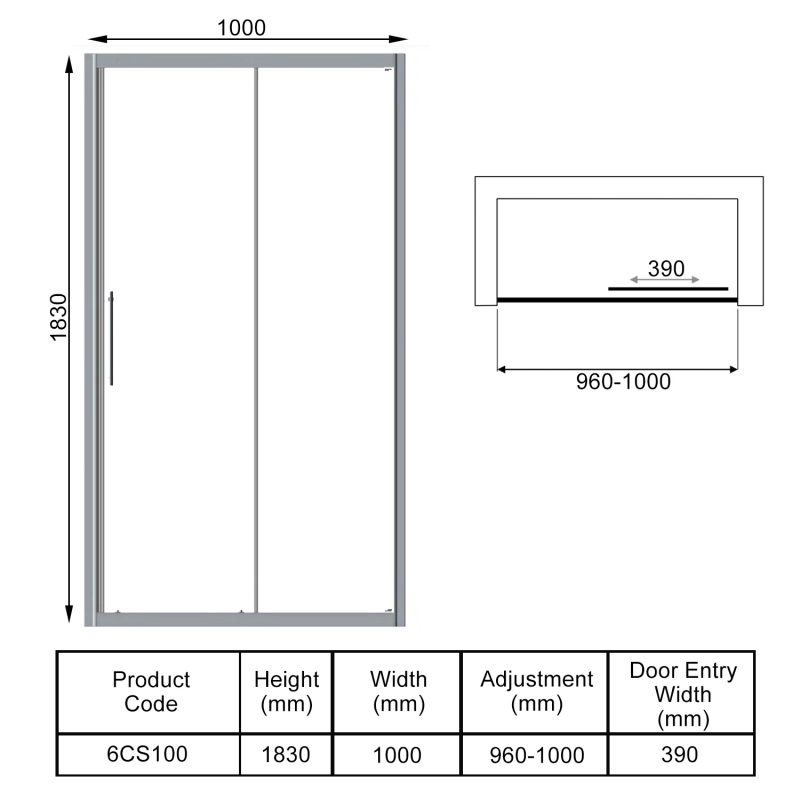 Signature Contract Sliding Shower Door 1000mm Wide - 6mm Glass