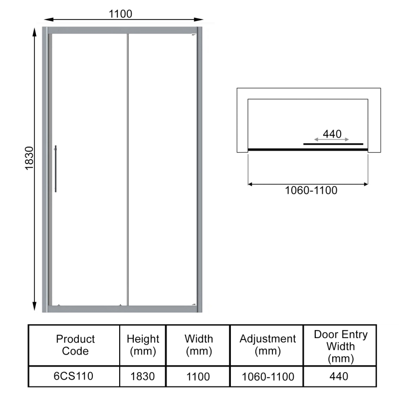 Signature Contract Sliding Shower Door 1100mm Wide - 6mm Glass