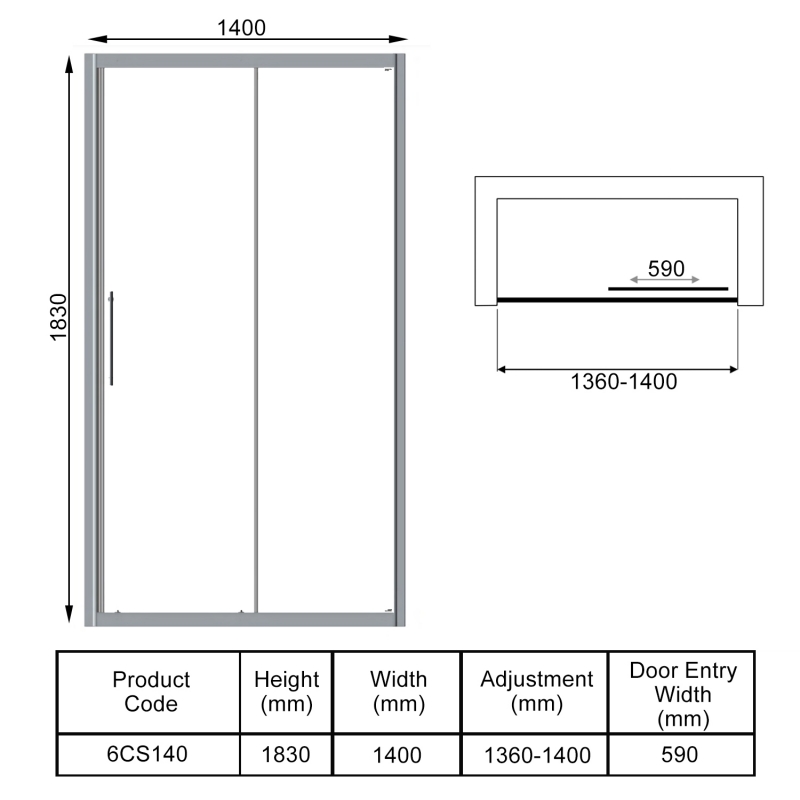 Signature Contract Sliding Shower Door 1400mm Wide - 6mm Glass