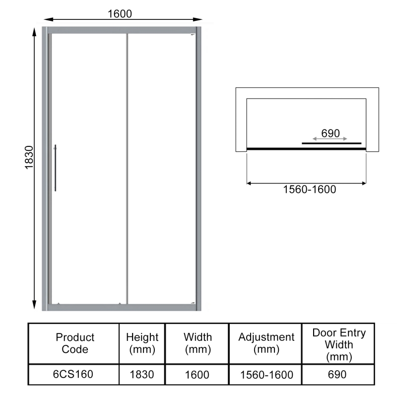 Signature Contract Sliding Shower Door 1600mm Wide - 6mm Glass  | Dimension Image