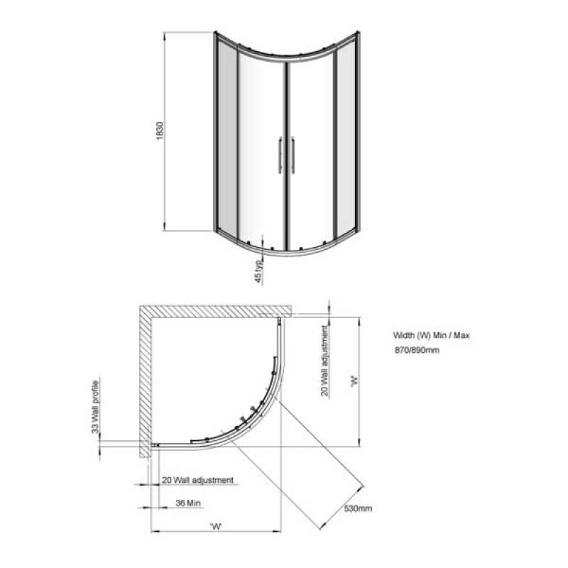 Signature Contract Quadrant Shower Enclosure 900mm x 900mm - 6mm Glass  | Dimension Image