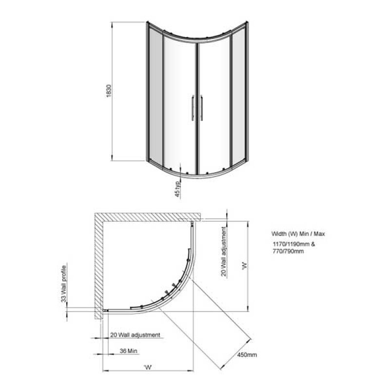 Signature Contract Offset Quadrant Shower Enclosure 1200mm x 800mm - 6mm Glass  | Dimension Image