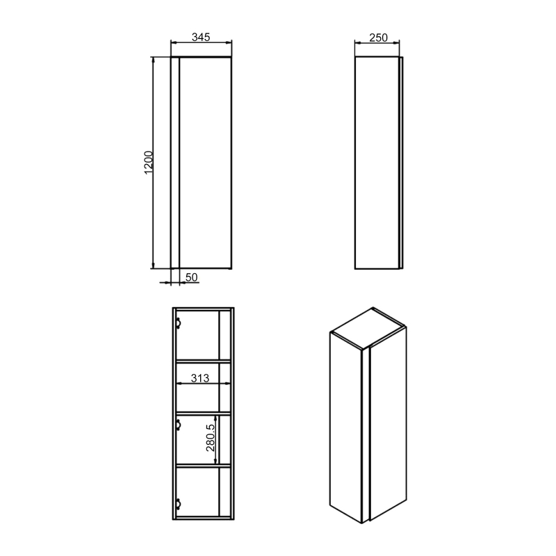 Signature Diversity Wall Hung 1-Door Tall Unit 350mm Wide - Matt Black/Black Glass  | Dimension Image