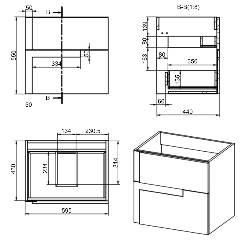 Signature Diversity Wall Hung 2-Drawer Vanity Unit with Basin 605mm Wide - Matt Black/Black Glass