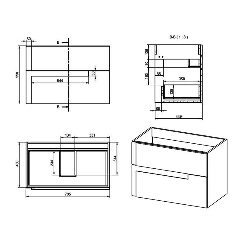 Signature Diversity Wall Hung 2-Drawer Vanity Unit with Basin 805mm Wide - Matt Cotton/Oak Effect