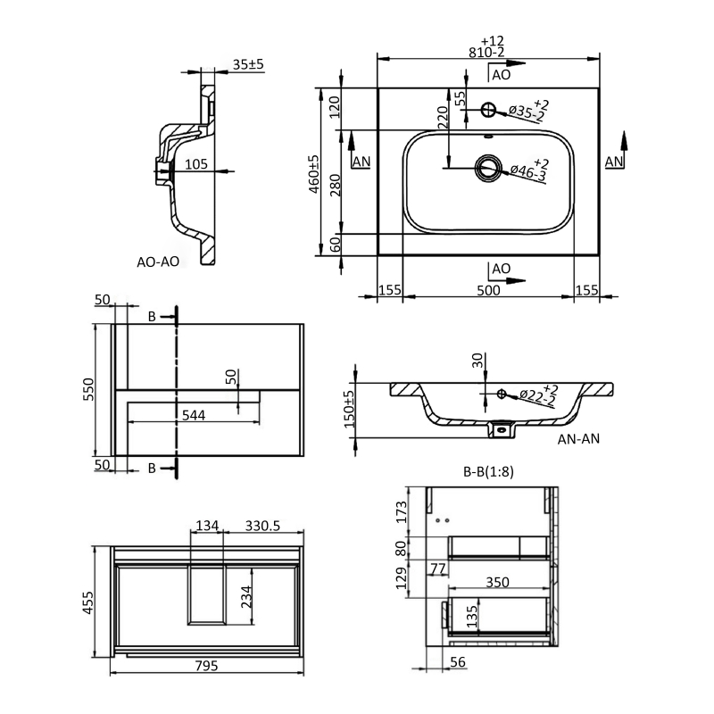 Signature Diversity Wall Hung 2-Drawer Vanity Unit with Basin 815mm Wide - Matt Cotton/Oak Effect  | Dimension Image