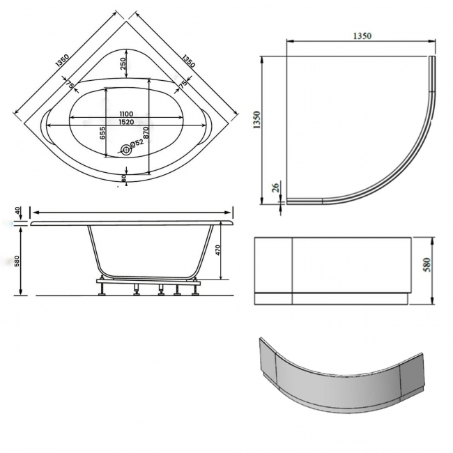 Signature Cove Double Ended Corner Bath 1350mm x 1350mm (inc Panel)
