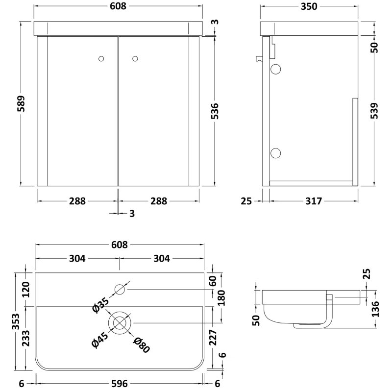 Curva Deluxe Wall Hung Vanity Unit with Brass Handles - 600mm Wide - Gloss White