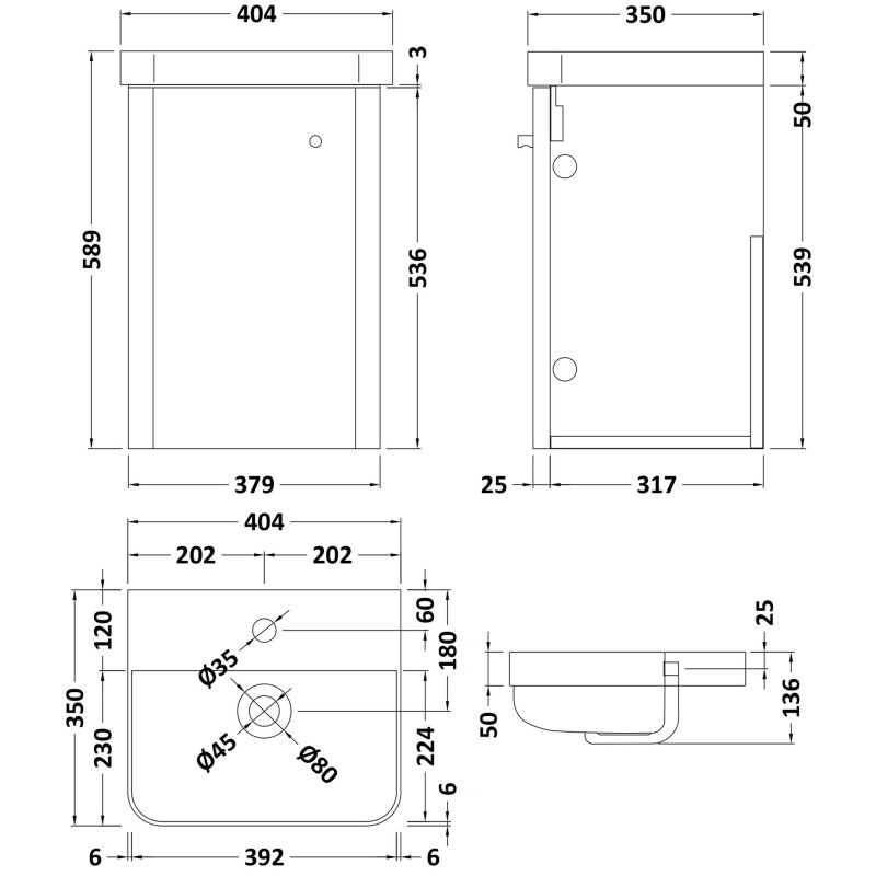 Curva Deluxe Wall Hung Vanity Unit with Brass Handle - 400mm Wide - Gloss White
