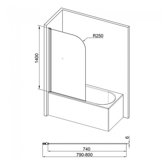 Signature Single Curved Hinged Bath Screen 1400mm High x 800mm Wide - 6mm Glass