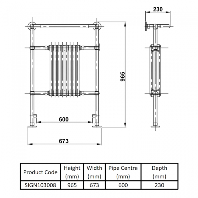 Signature Dawn Traditional Radiator Heated Towel Rail 965mm H x 673mm W - White  | Dimension Image