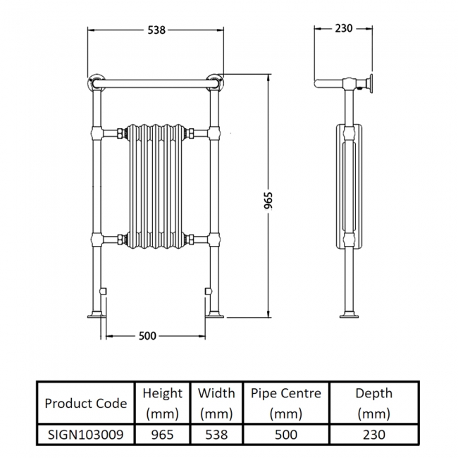 Signature Dawn Traditional Radiator Heated Towel Rail 965mm H x 538mm W - White  | Dimension Image