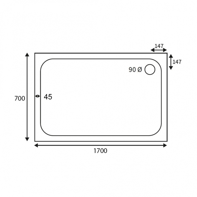 Signature Deluxe Rectangular Shower Tray 1700mm x 700mm (inc Waste)  | Dimension Image