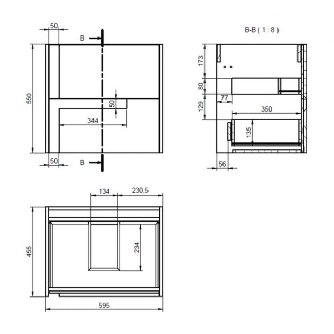 Signature Diversity Wall Hung 2-Drawer Vanity Unit with Thin Edge Basin 615mm Wide - Matt Black/Black Glass  | Dimension Image
