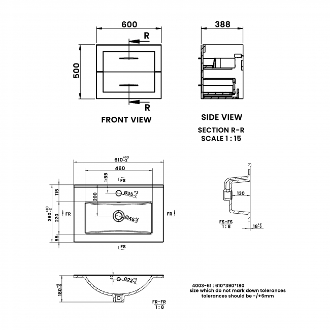 Signature Duke Wall Hung 2-Drawer Vanity Unit with Basin 610mm Wide - Matt Peony  | Dimension Image