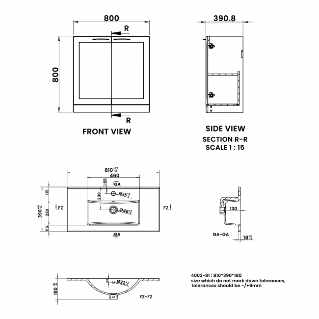 Signature Duke Floor Standing 2-Door Vanity Unit with Basin 810mm Wide - Matt Peony  | Dimension Image