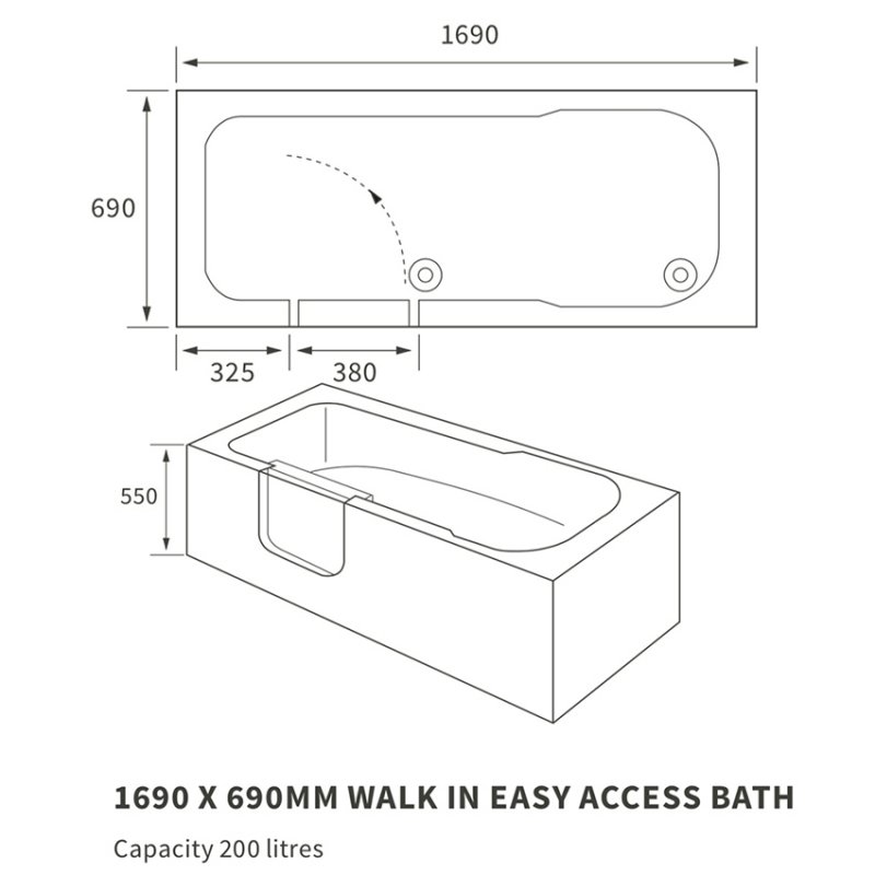 Signature Avenue Rectangular Single Ended Walk In Bath 1690mm x 690mm Right Handed (inc Leg Set)