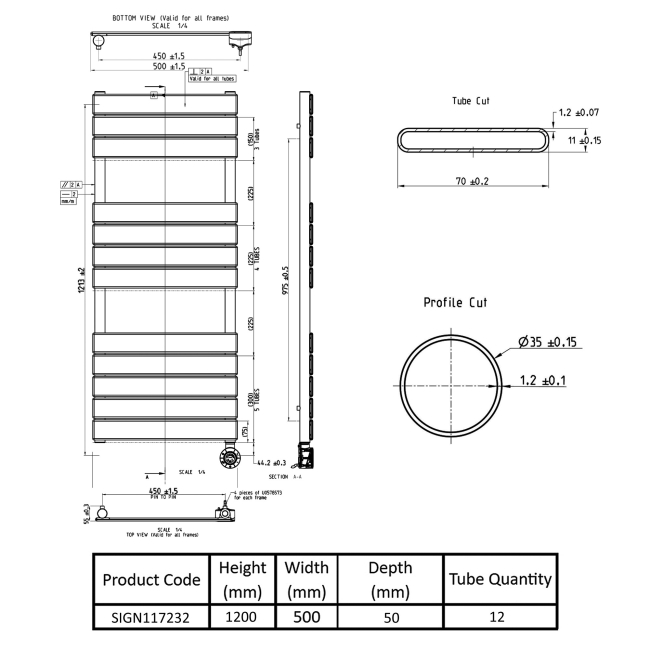 Signature Elite Flat Panel Electric Towel Rail 1200mm H x 500mm W - Brushed Brass  | Dimension Image